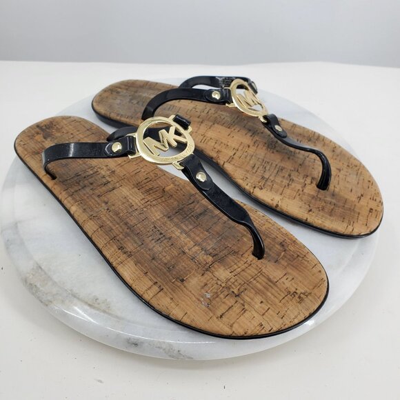 Michael Michael Kors Brown Black T Strap Gold Emblem Slip On Sandals Size 10 - Picture 1 of 8